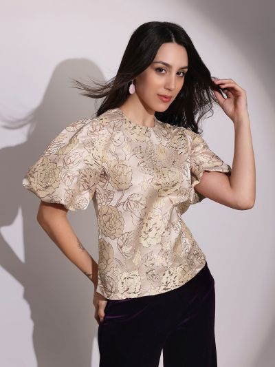 Globus Women Pink Round Neck Balloon Sleeves Floral Brocade Party Top