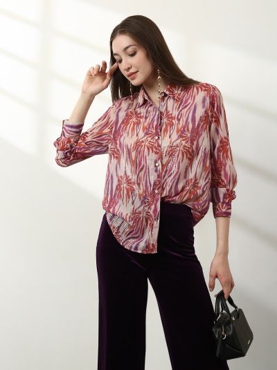 Globus Women Multicolour Spread Collar Abstract Print Sequinned Detail Cuffed Sleeves Oversized Georgette Party Shirt 