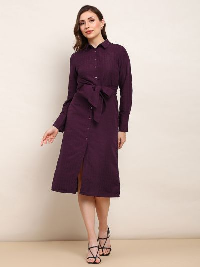 Globus Women Burgundy Collared Neck Cuffed Sleeves Self Design Waist Tie-Ups Midi Workwear Shirt Style Dress