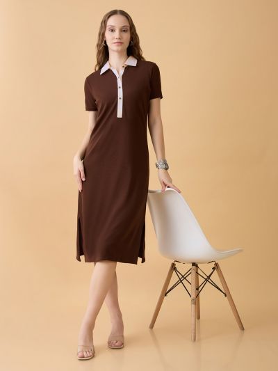 Globus Women Brown Collared Neck Short Sleeves Self Design Side Slits Midi Workwear Shirt Dress