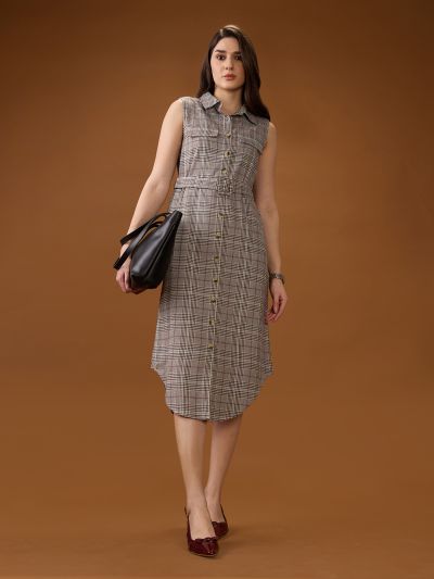 Globus Women Brown Collared Neck Sleeveless Checkered Curved Hem Midi Shirt Style Dress With Belt