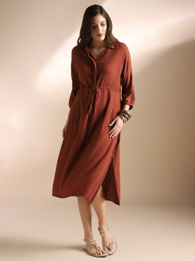 Globus Women Rust Self Design Collared Neck Waist Tie-Ups Shirt Style Fit & Flare Midi Workwear Dress