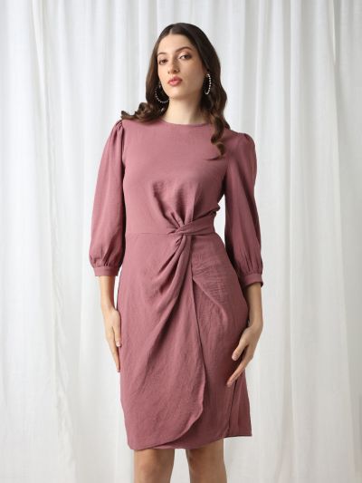 Globus Women Pink Round Neck Puff Sleeves Self Design Twisted Detail Mini Workwear Sheath Dress
