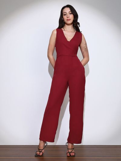 Globus Women Maroon Wrap Neck Sleeveless Tie-Up Back Solid Wide Leg Workwear Jumpsuit