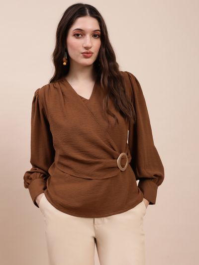 Globus Women Brown V-Neck Cuff Sleeves Self Design Buckle Detail Workwear Top