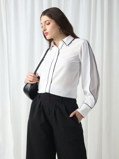 Globus Women White Collared Neck Cuffed Sleeves Piping Detail Workwear Shirt