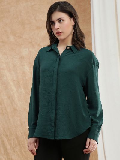 Globus Women Teal Spread Collar Cuffed Sleeve Curved Hem Oversized Formal Shirt