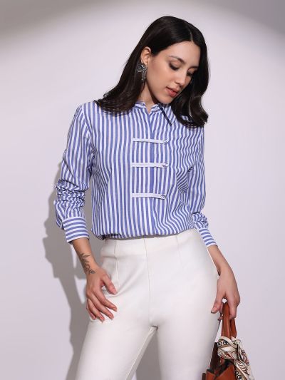 Globus Women Blue Striped Collared Neck Cuffed Sleeves Chinese Tab Oversized Workwear Shirt