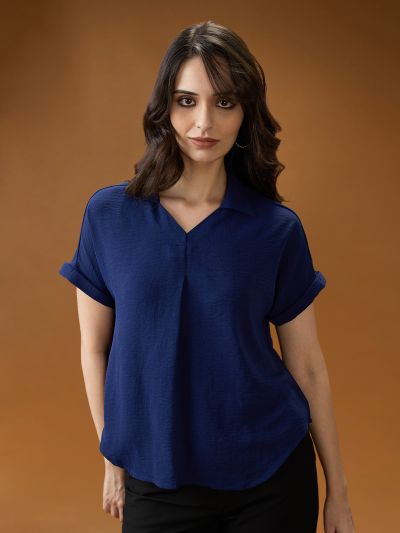 Globus Women Blue Collared Neck Extended Sleeves Self Design Shirt Style Workwear Top