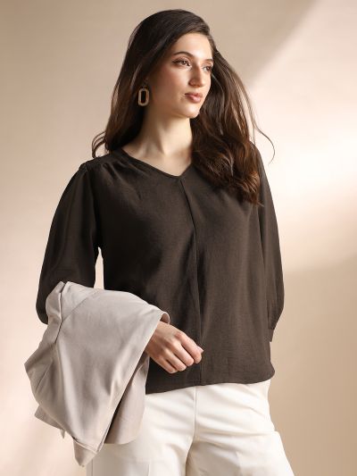 Globus Women Brown Self Design V-Neck Gathered Detail Workwear Top