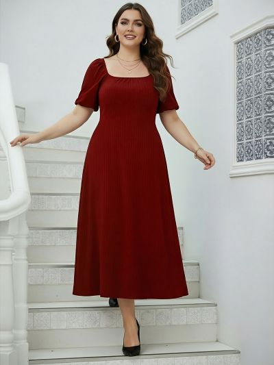 Globus Gloplus Women Maroon Square Neck Puff Sleeves Self Design Smocked Plus Size Fit & Flare Midi Dress
