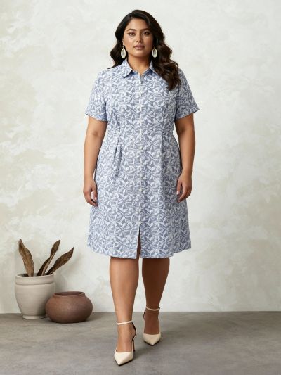 Globus Gloplus Women Blue Collared Neck Striped Pleated Midi Fit & Flare Shirt Style Plus Size Dress