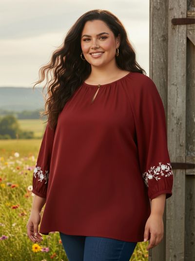 Globus Gloplus Women Maroon Keyhole Detail Round Neck Floral Embroidered Raglan Sleeves Plus Size Top
