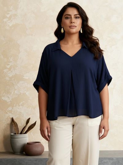 Globus Gloplus Women Blue Collared V-Neck Extended Sleeves Self Design Plus Size Top