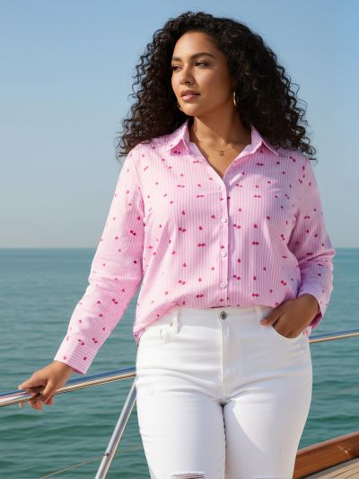 Globus Gloplus Women Pink Collared Neck Cuffed Sleeves Heart & Striped Print Curved Hem Plus Size Shirt