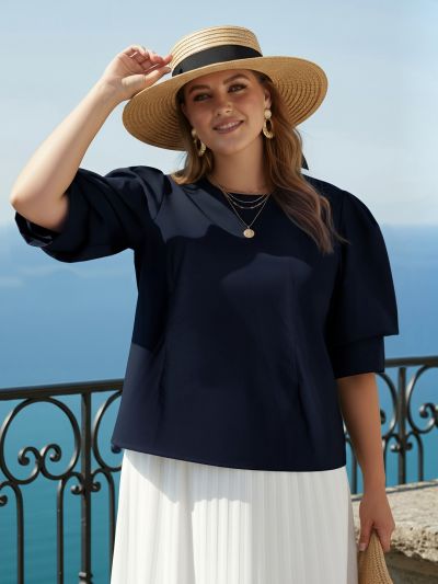Globus Gloplus Women Navy Blue Puff Sleeves Round Neck Plus Size Shirt Style Workwear Top With Back Button