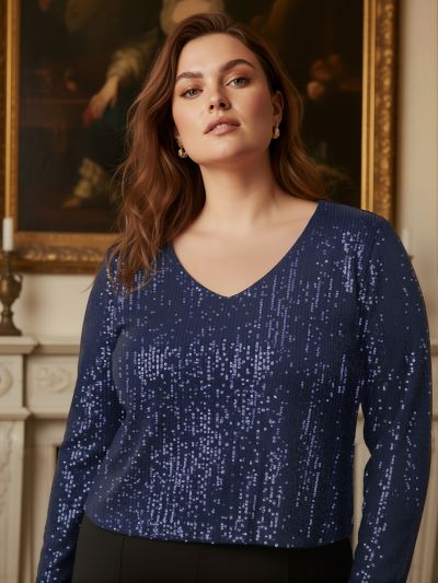 Globus Gloplus Women Navy Blue V-Neck Long Sleeves Sequinned Plus Size Party Top