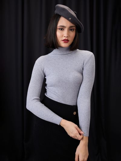 Globus Women Grey Melange Turtle Neck Long Sleeves Flat Knit Ribbed Winter Wear Pullover Sweater