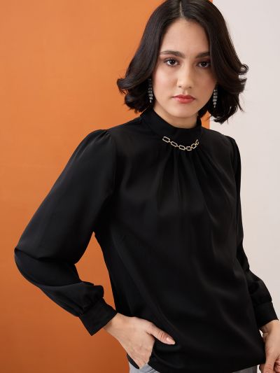 Globus Women Black Gold Chain Detail High Neck Cuffed Sleeves Pleated Workwear Top