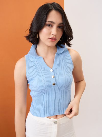 Globus Women Blue Collared Halter Neck Gold Button Detail Flat Knit Ribbed Crop Top
