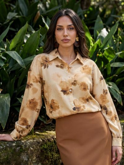 Globus Women Beige Floral Print Collared Neck Cuffed Sleeves Curved Hem Shirt 
