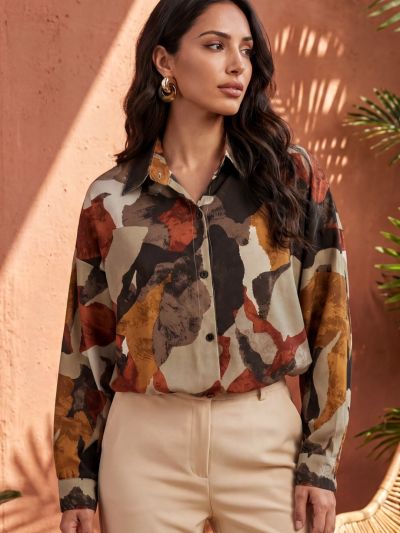 Globus Women Multi Abstract Print Collared Neck Cuffed Sleeves Curved Hem Shirt