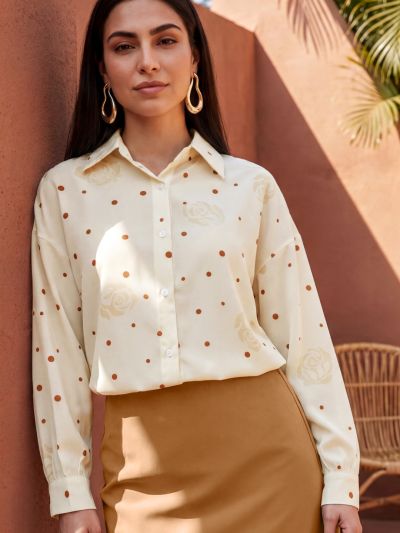 Globus Women Beige Polka Dots Collared Neck Cuffed Sleeves Curved Hem Shirt