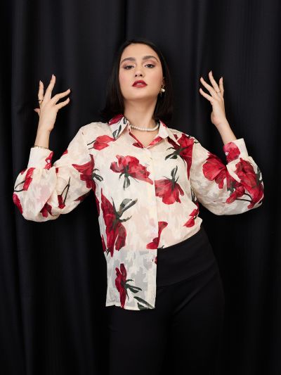 Globus Women White & Red Collared Neck Cuffed Sleeves Floral Print Jacquard Party Shirt