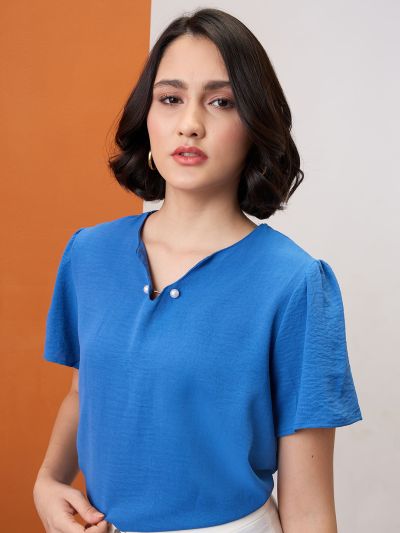 Globus Women Blue V-Neck Puff Sleeves Solid Pearl Detail Top
