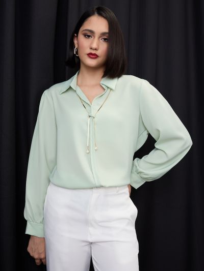 Globus Women Green Collared Neck Cuffed Sleeves Chain & Pearl Detail Shirt Style Workwear Top