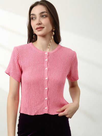 Globus Women Pink V-Neck Short Sleeves Self Design Top