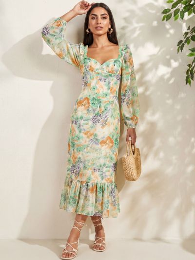 Globus Women Green Sweetheart Neck Frill Detail Puff Sleeves Floral Print Midi Bodycon Corset Party Dress