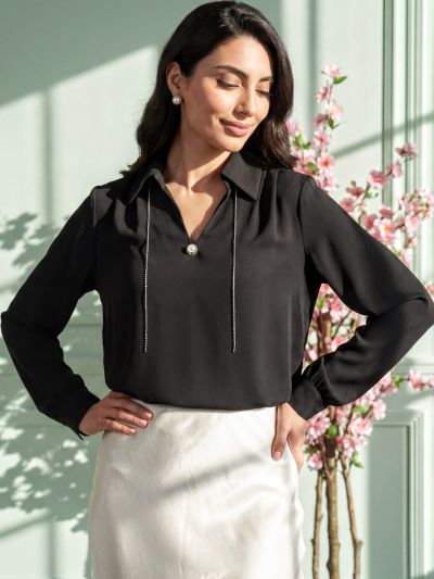 Globus Women Black Collared Neck Cuffed Sleeves Pearl Details Party Shirt Style Top
