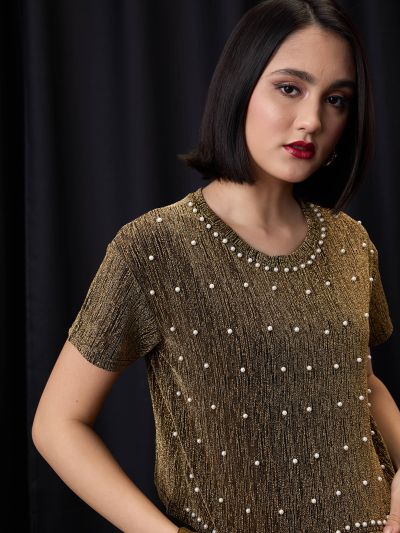 Globus Women Gold Round Neck Pearl Embellished Detail Lurex Party Crop Top