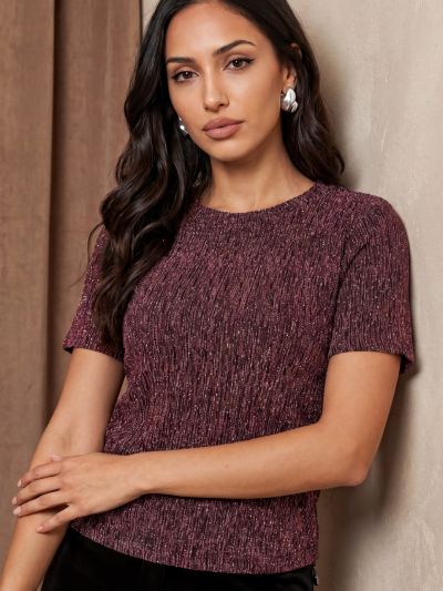 Globus Women Pink Self Design Round Neck Short Sleeves Embellished Detail Bling & Sparkly Party Top