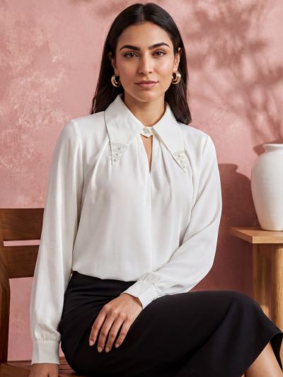 Globus Women White Collared Neck & Pearl & Embellished Detail Cuffed Sleeves Party Shirt Style Top