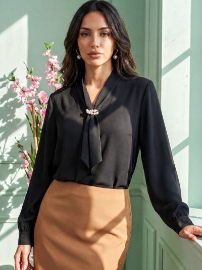 Globus Women Black Cuffed Sleeves Tie-Up Neck Pearl Detail Workwear Top