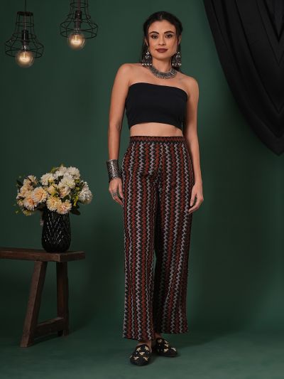 Globus Women Black Cotton Chevron Print Mid-Rise Ethnic Parallel Trousers