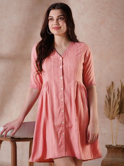 Globus Women Pink Self Design V-Neck Embroidered Detail Button Down A-Line Mini Dress