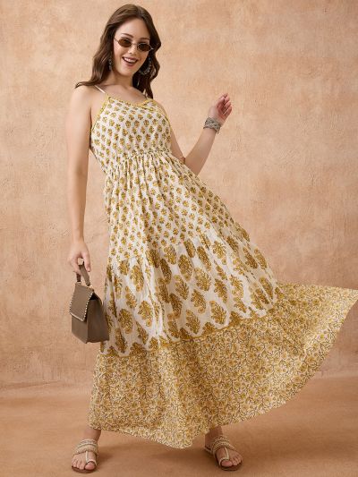 Globus Women Yellow Floral Print V-Neck Shoulder Strap Fit & Flared Tiered Maxi Fusion Dress