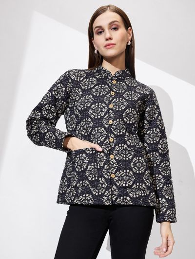 Globus Women Black Mandarin Collar Long Sleeves Ethnic Print Relaxed Fit Quilted Reversible Winter Shrug