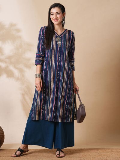 Globus Women Blue V-Neck Allover Geometric Stripe Printed Straight Kurta With Palazzos Workwear Set