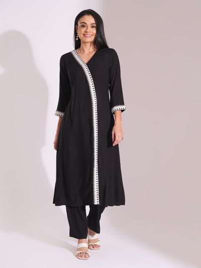 Globus Women Black V-Neck Embroidered Lace Details Calf Length A-Line Kurta With Pants Workwear Set