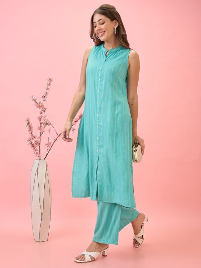 Globus Women Blue Mandarin Collar Woven Design Front Slit A-Line Kurta With Pants Workwear Set