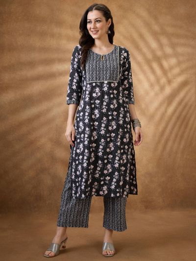Globus Women Black Keyhole Neck Floral Print Gotta Lace Straight Kurta & Wide Leg Pants Workwear Set