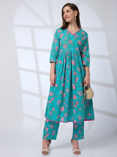 Globus Women Blue Pom Pom Lace V-Neck Floral Print Pleated A-Line Kurta With Pants Workwear Set