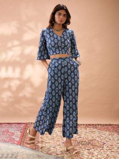 Globus Women Navy Blue Ethnic Print V-Neck Flared Sleeves Crop Top with Wide Leg Trousers Co-Ord Set