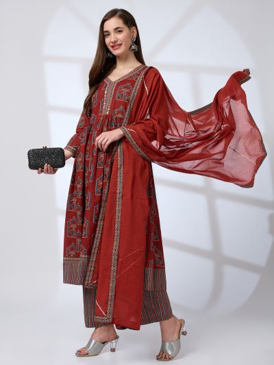 Globus Women Maroon V-Neck Ethnic Print Mirror Work Pleated A-Line Kurta With Striped Pants & Gotta Lace Dupatta Workwear Set