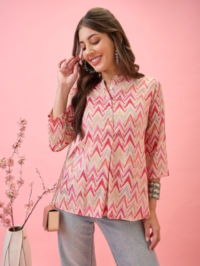 Globus Women Pink Mandarin Collar Chevron Print Curved High-Low Hem Workwear Tunic
