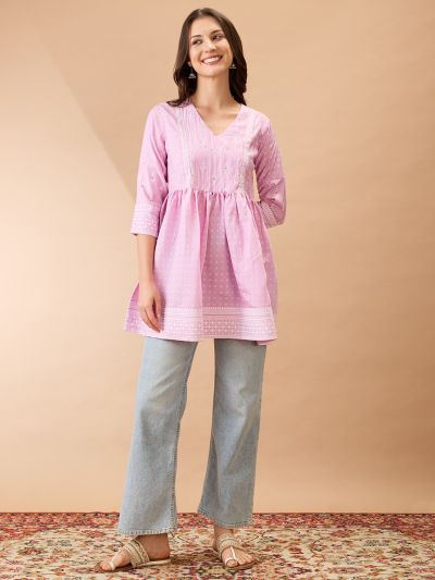 Globus Women Pink Ethnic Print V-Neck Sequinned Detail Gathered Tunic 